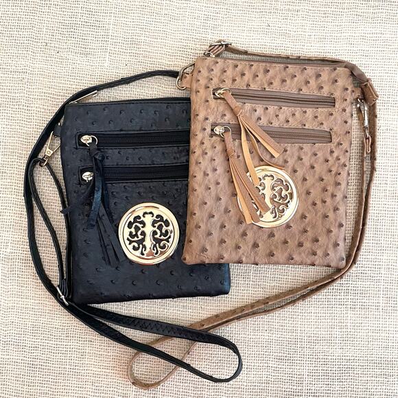 Crossbody Bags, Set of 2, Ostrich textured faux leather, Gold details. - Picture 1 of 9
